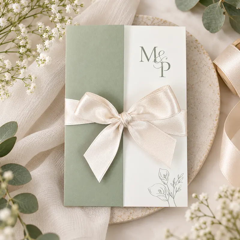 Partecipazione matrimonio Soave verde salvia con carta bianca, iniziali degli sposi e fiocco in raso avorio Partecipazione matrimonio Soave verde salvia con carta bianca, iniziali degli sposi e fiocco in raso avorio
