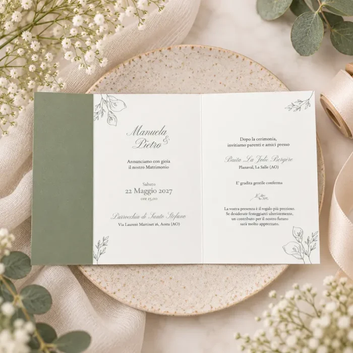 Partecipazione matrimonio Soave aperta con cartoncino verde salvia, testi della cerimonia e decorazioni botaniche